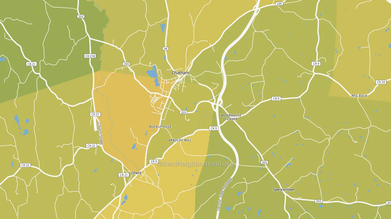 Map of the best neighborhoods in the 12037 area, with better matches in green and worse matches in red