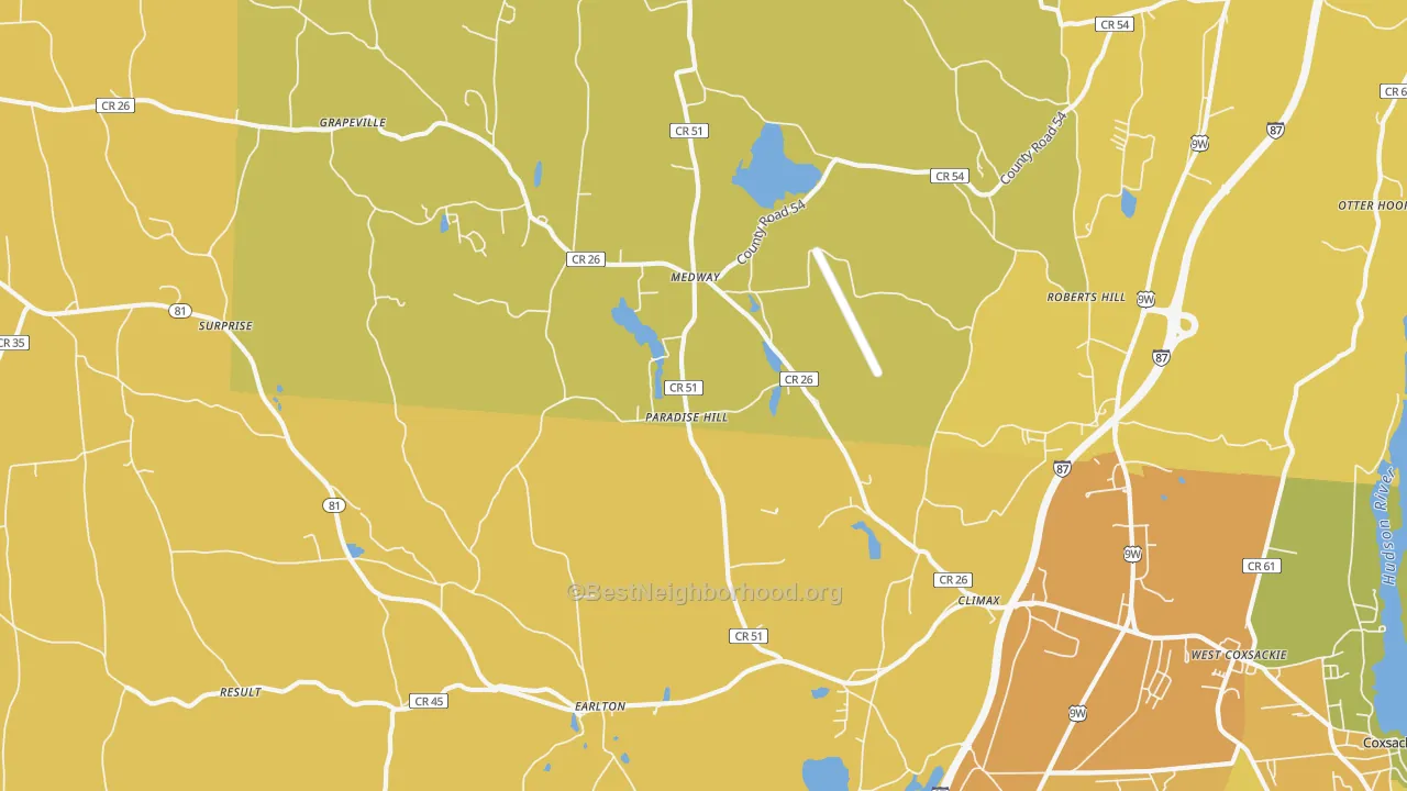Map of the best neighborhoods in the 12042 area, with better matches in green and worse matches in red