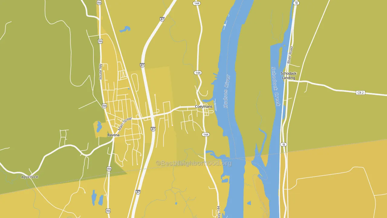 Map of the best neighborhoods in the 12045 area, with better matches in green and worse matches in red