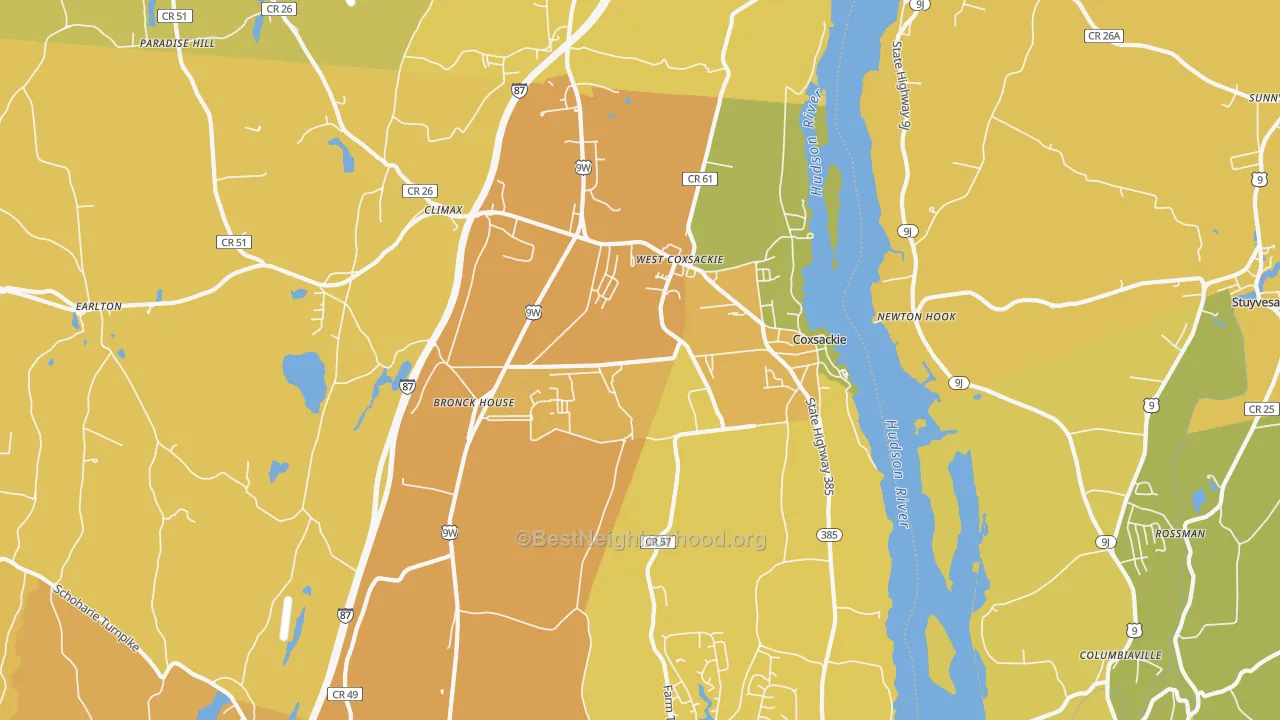 Map of the best neighborhoods in the 12051 area, with better matches in green and worse matches in red