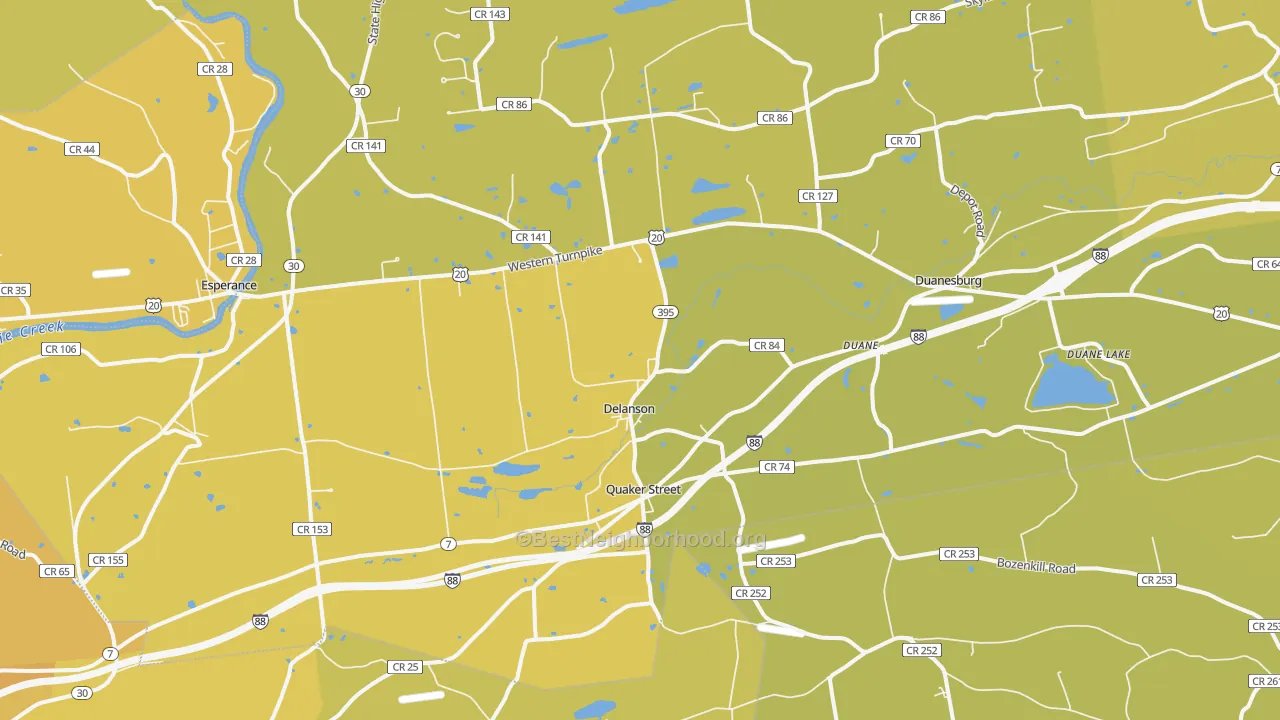 Map of the best neighborhoods in the 12053 area, with better matches in green and worse matches in red