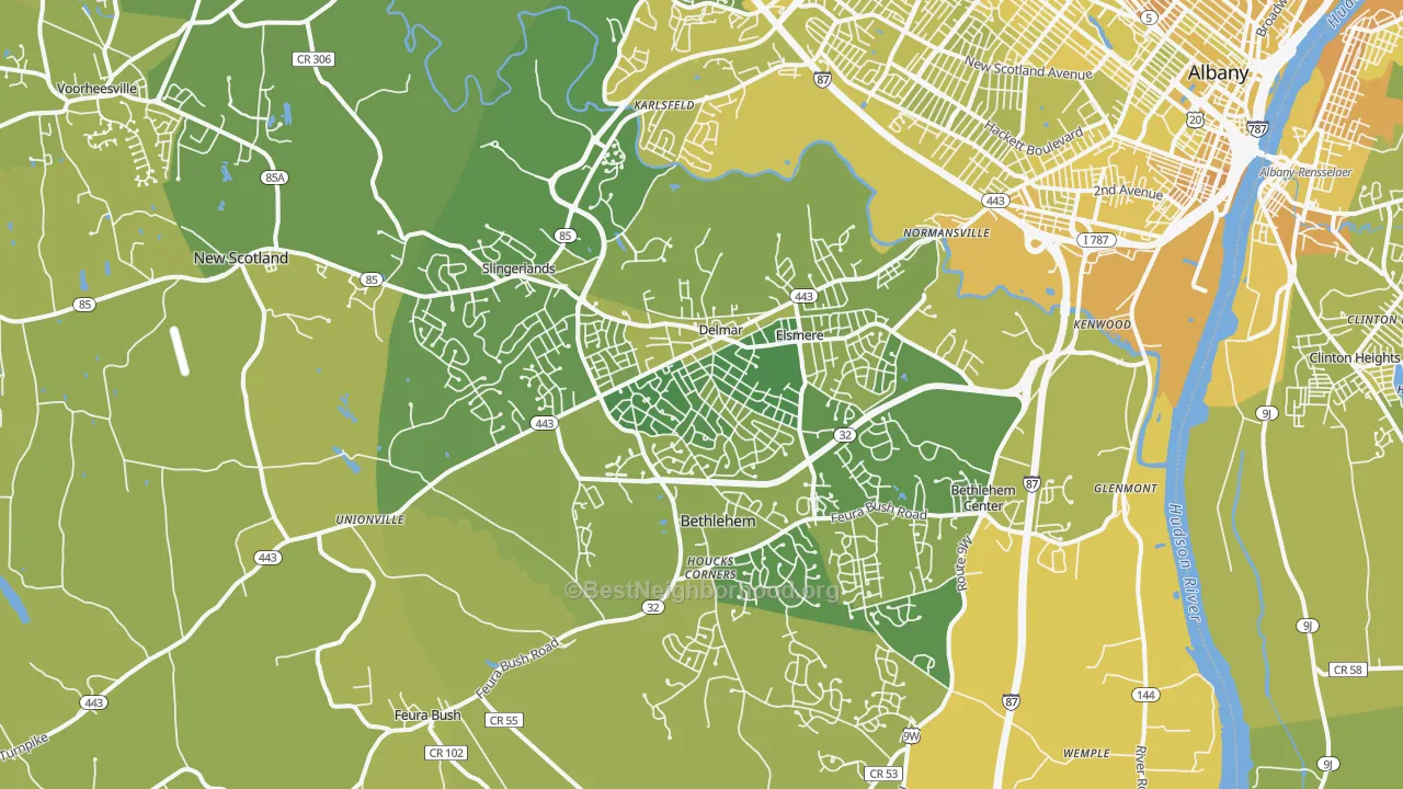 Map of the best neighborhoods in the 12054 area, with better matches in green and worse matches in red