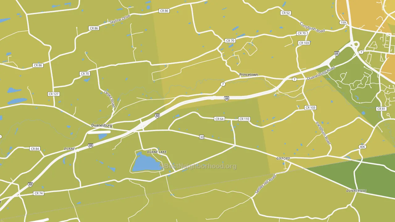 Map of the best neighborhoods in the 12056 area, with better matches in green and worse matches in red