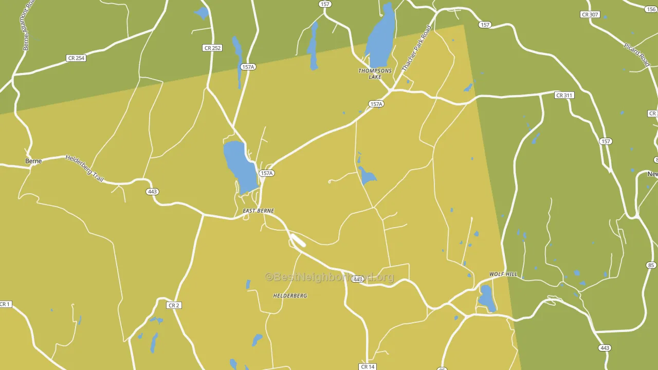 Map of the best neighborhoods in the 12059 area, with better matches in green and worse matches in red