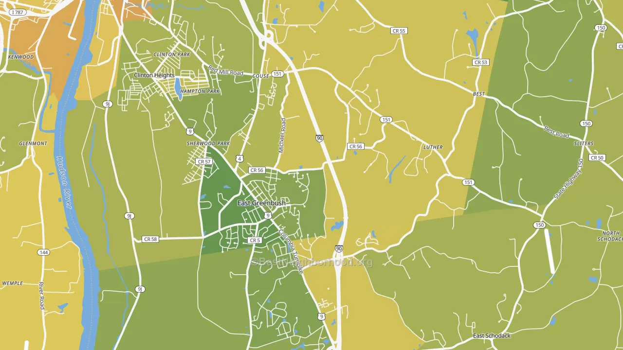 Map of the best neighborhoods in the 12061 area, with better matches in green and worse matches in red