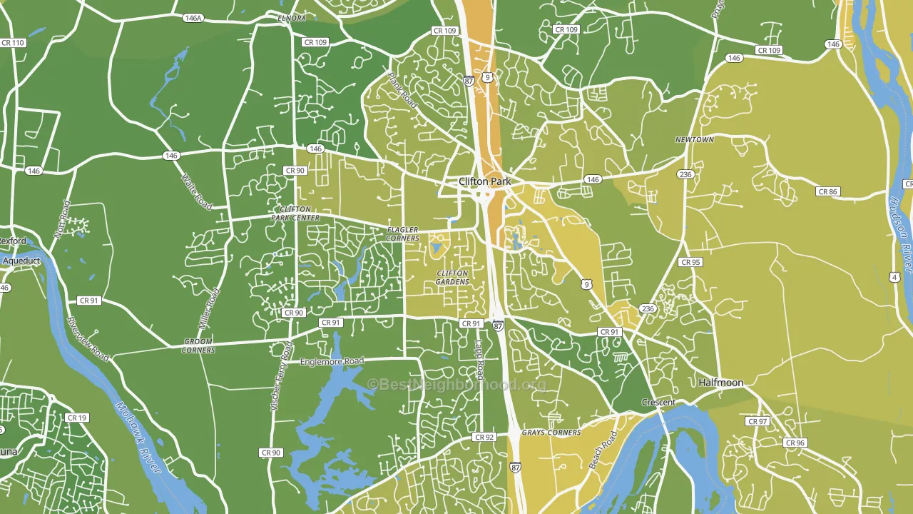 Map of the best neighborhoods in the 12065 area, with better matches in green and worse matches in red