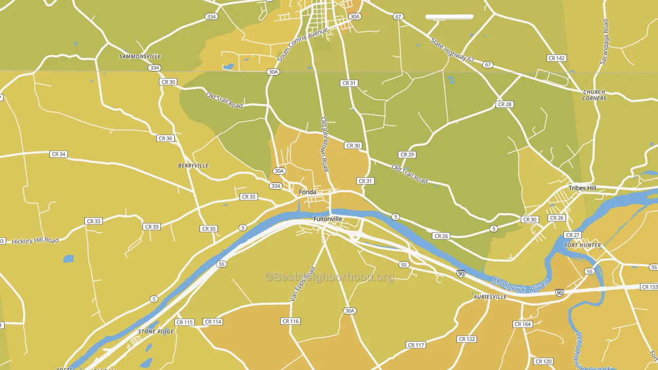 Map of the best neighborhoods in the 12068 area, with better matches in green and worse matches in red