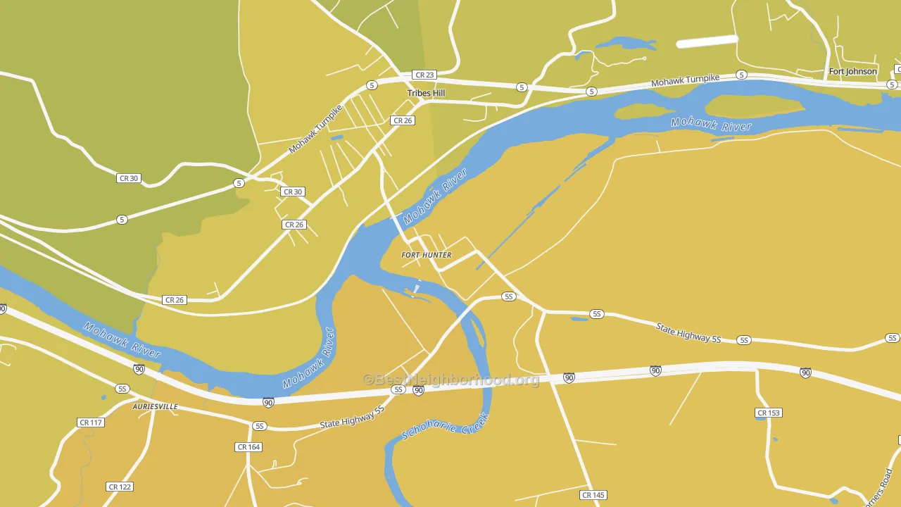 Map of the best neighborhoods in the 12069 area, with better matches in green and worse matches in red