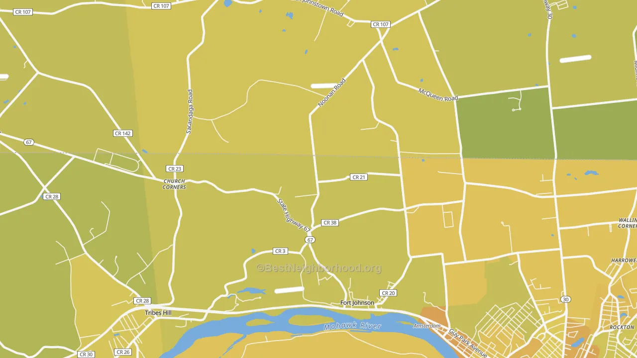 Map of the best neighborhoods in the 12070 area, with better matches in green and worse matches in red