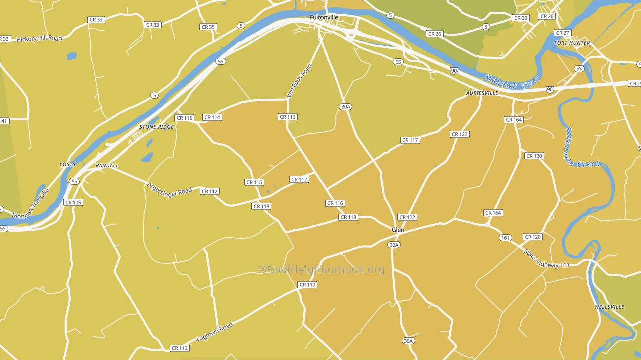 Map of the best neighborhoods in the 12072 area, with better matches in green and worse matches in red