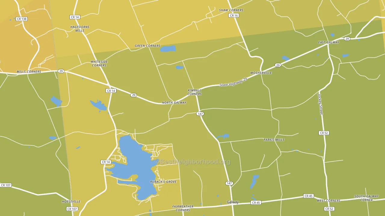 Map of the best neighborhoods in the 12074 area, with better matches in green and worse matches in red