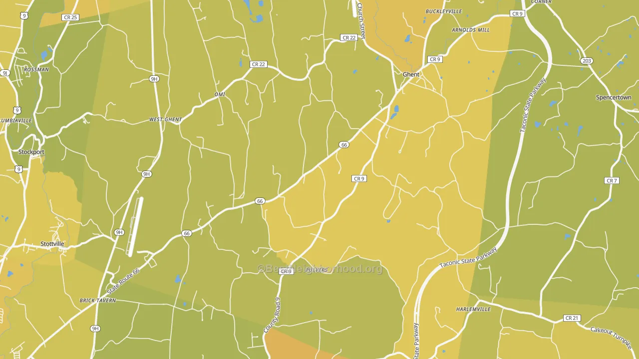 Map of the best neighborhoods in the 12075 area, with better matches in green and worse matches in red