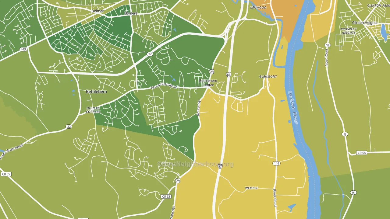 Map of the best neighborhoods in the 12077 area, with better matches in green and worse matches in red