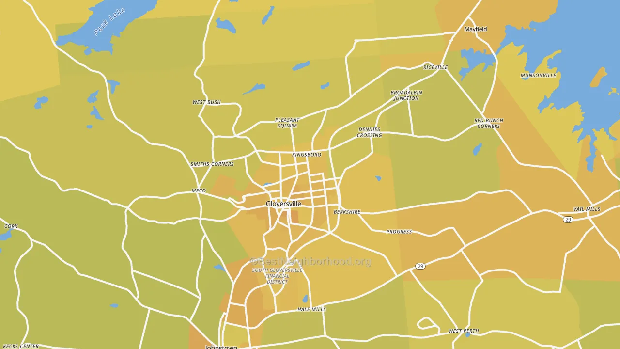 Map of the best neighborhoods in the 12078 area, with better matches in green and worse matches in red