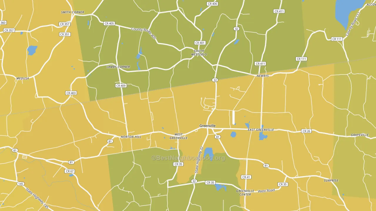Map of the best neighborhoods in the 12083 area, with better matches in green and worse matches in red