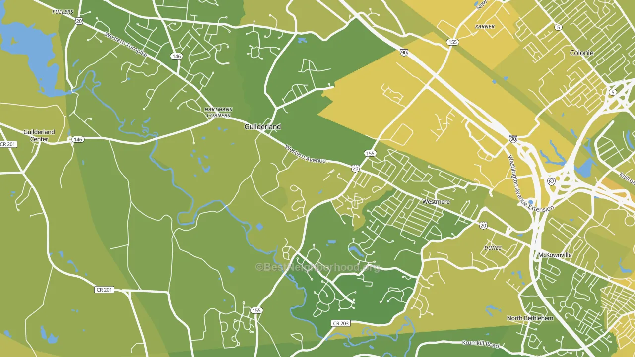 Map of the best neighborhoods in the 12084 area, with better matches in green and worse matches in red