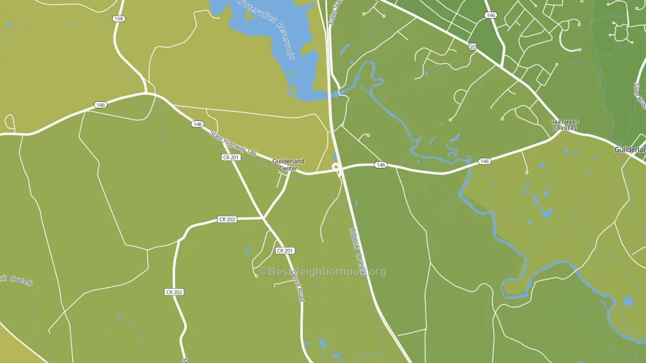 Map of the best neighborhoods in the 12085 area, with better matches in green and worse matches in red