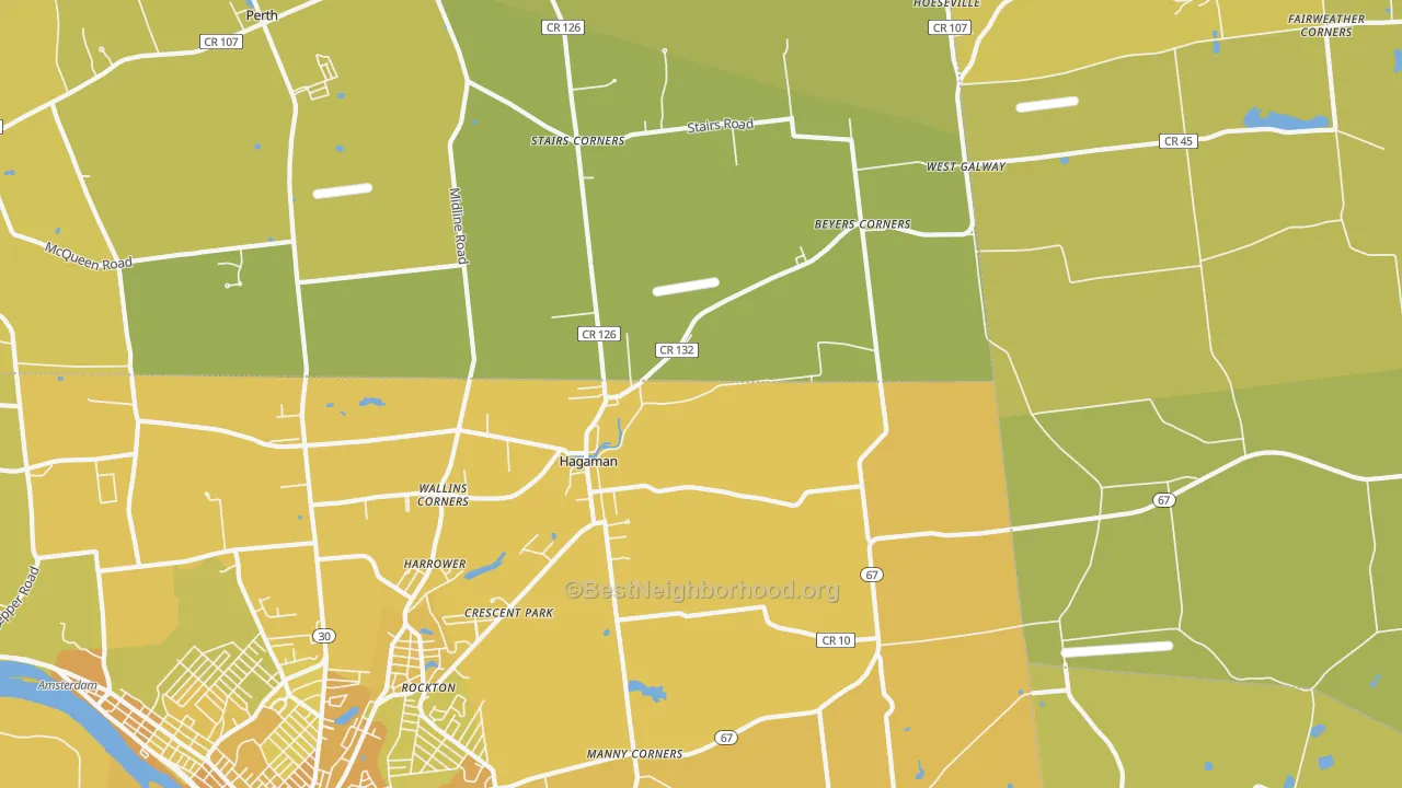 Map of the best neighborhoods in the 12086 area, with better matches in green and worse matches in red