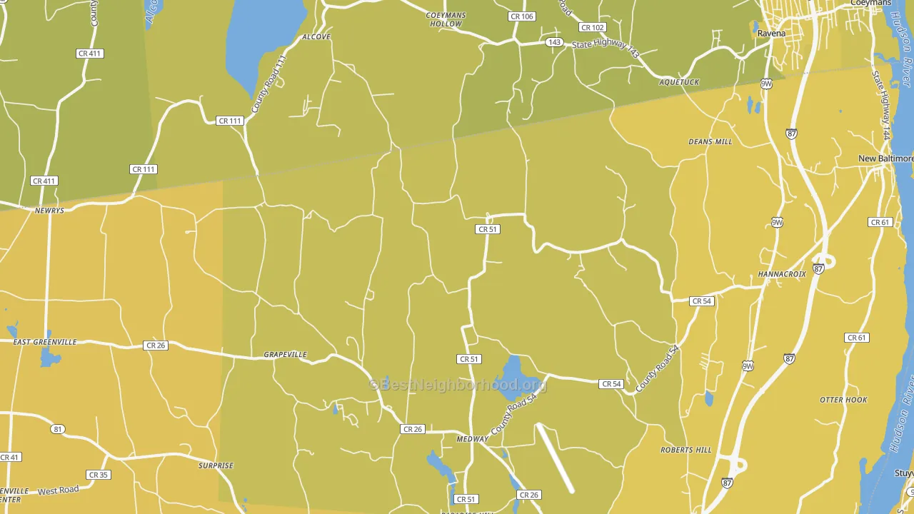 Map of the best neighborhoods in the 12087 area, with better matches in green and worse matches in red