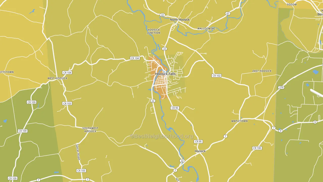 Map of the best neighborhoods in the 12090 area, with better matches in green and worse matches in red
