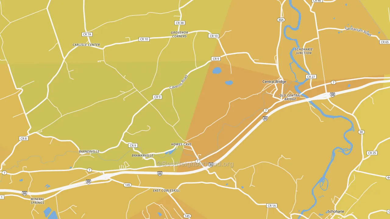Map of the best neighborhoods in the 12092 area, with better matches in green and worse matches in red