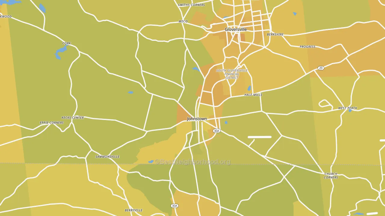 Map of the best neighborhoods in the 12095 area, with better matches in green and worse matches in red