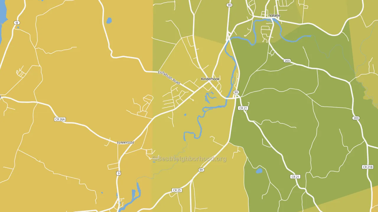 Map of the best neighborhoods in the 12106 area, with better matches in green and worse matches in red