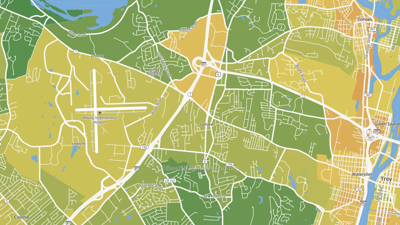 Map of the best neighborhoods in the 12110 area, with better matches in green and worse matches in red