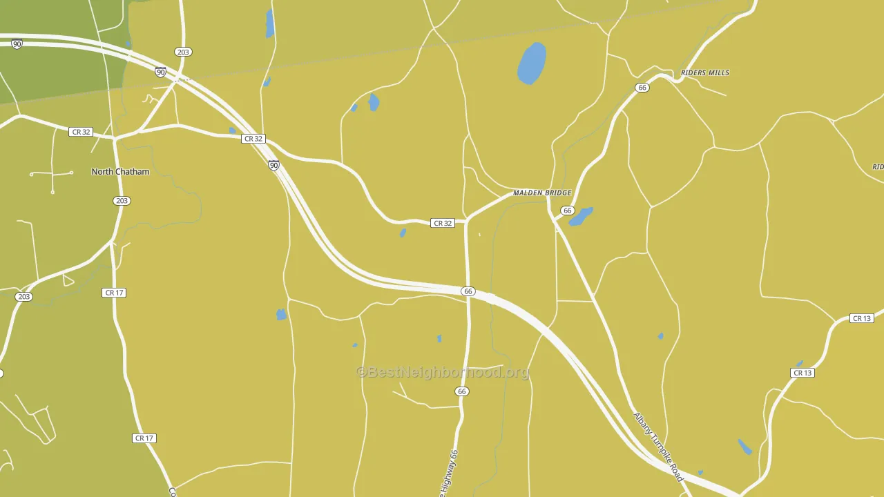 Map of the best neighborhoods in the 12115 area, with better matches in green and worse matches in red