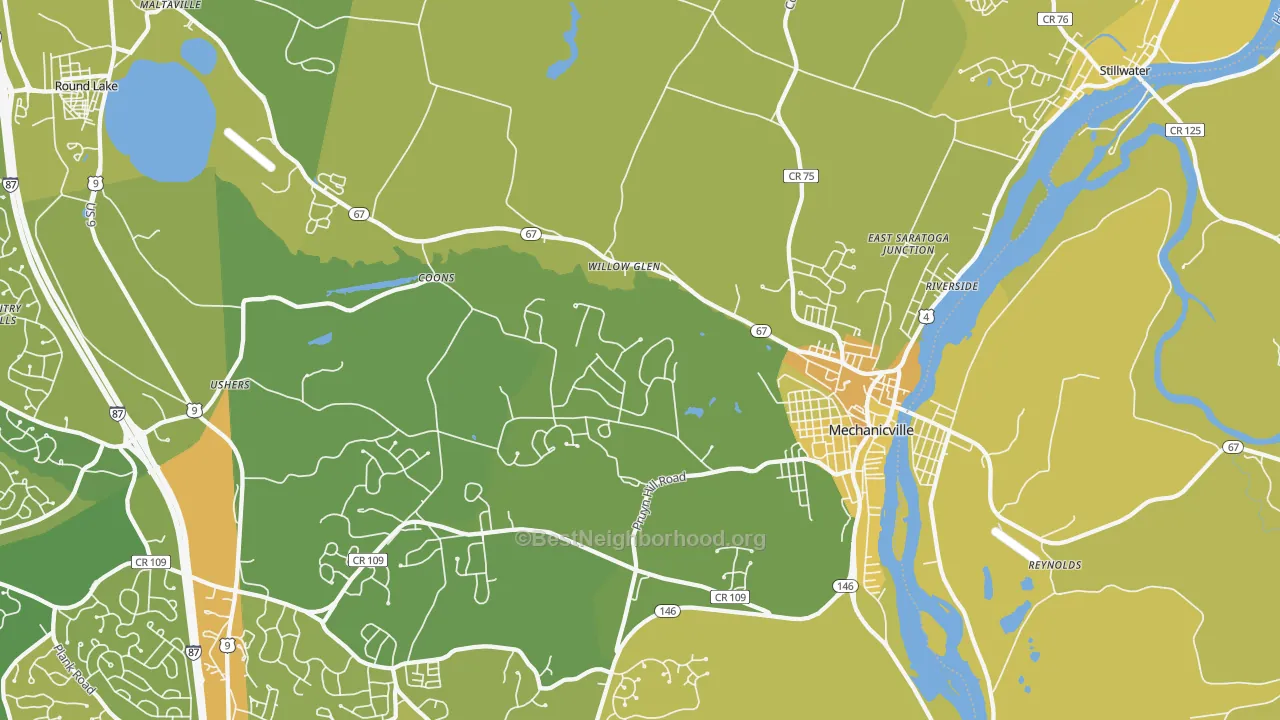 Map of the best neighborhoods in the 12118 area, with better matches in green and worse matches in red