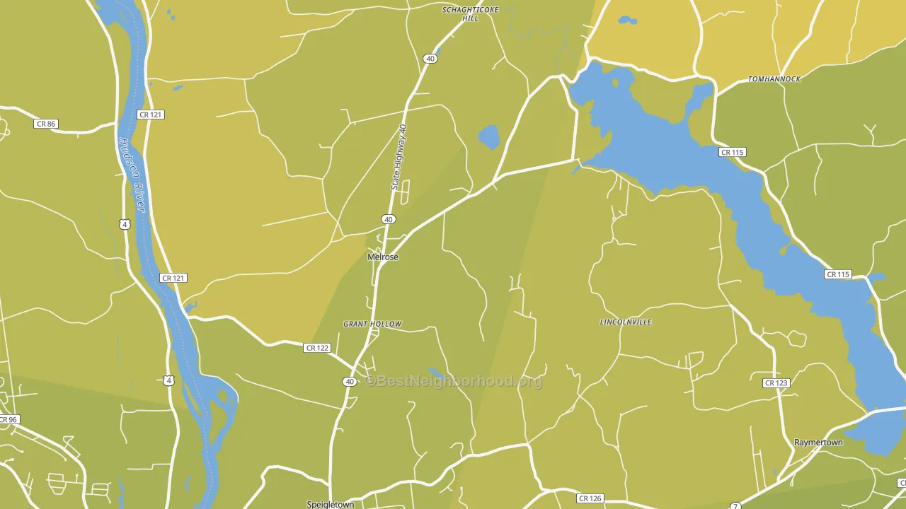 Map of the best neighborhoods in the 12121 area, with better matches in green and worse matches in red