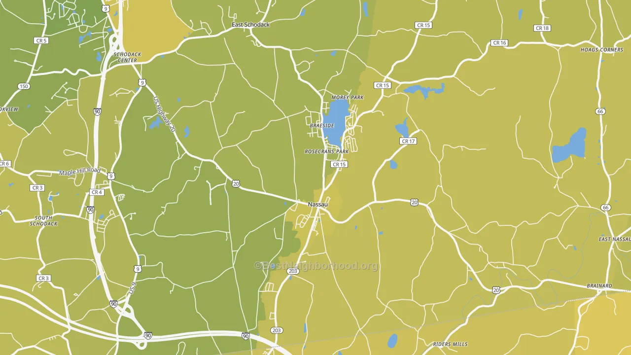 Map of the best neighborhoods in the 12123 area, with better matches in green and worse matches in red
