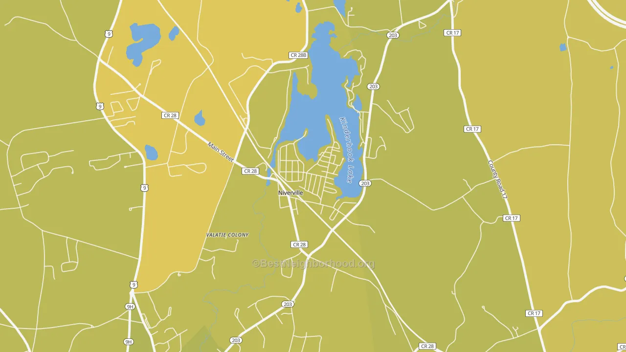 Map of the best neighborhoods in the 12130 area, with better matches in green and worse matches in red