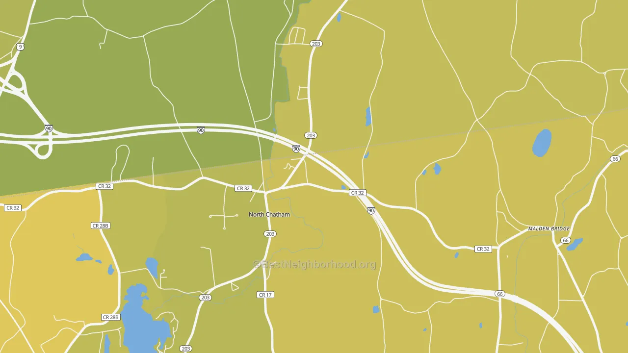 Map of the best neighborhoods in the 12132 area, with better matches in green and worse matches in red