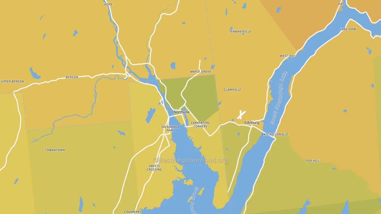 Map of the best neighborhoods in the 12134 area, with better matches in green and worse matches in red