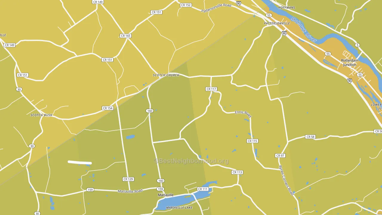 Map of the best neighborhoods in the 12137 area, with better matches in green and worse matches in red