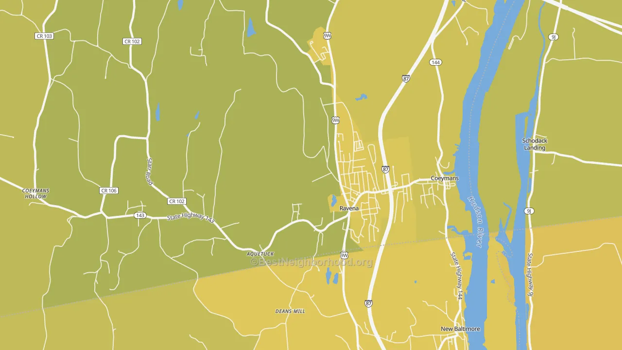 Map of the best neighborhoods in the 12143 area, with better matches in green and worse matches in red