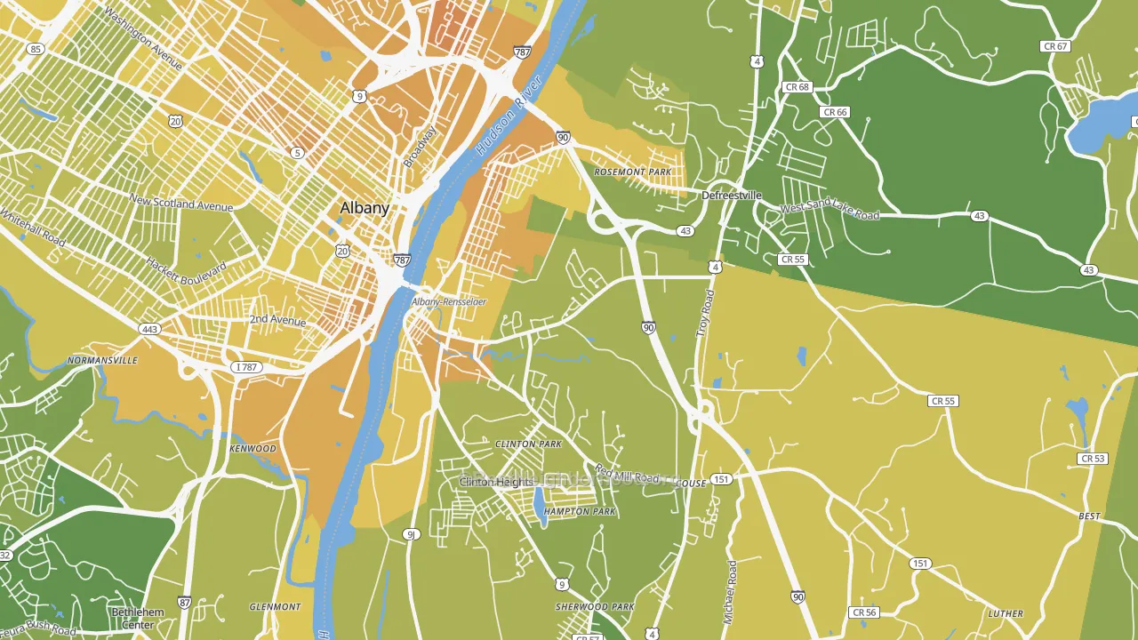 Map of the best neighborhoods in the 12144 area, with better matches in green and worse matches in red