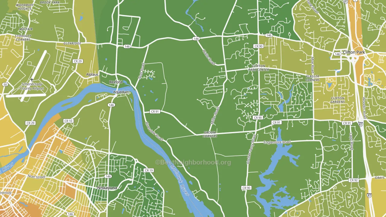 Map of the best neighborhoods in the 12148 area, with better matches in green and worse matches in red