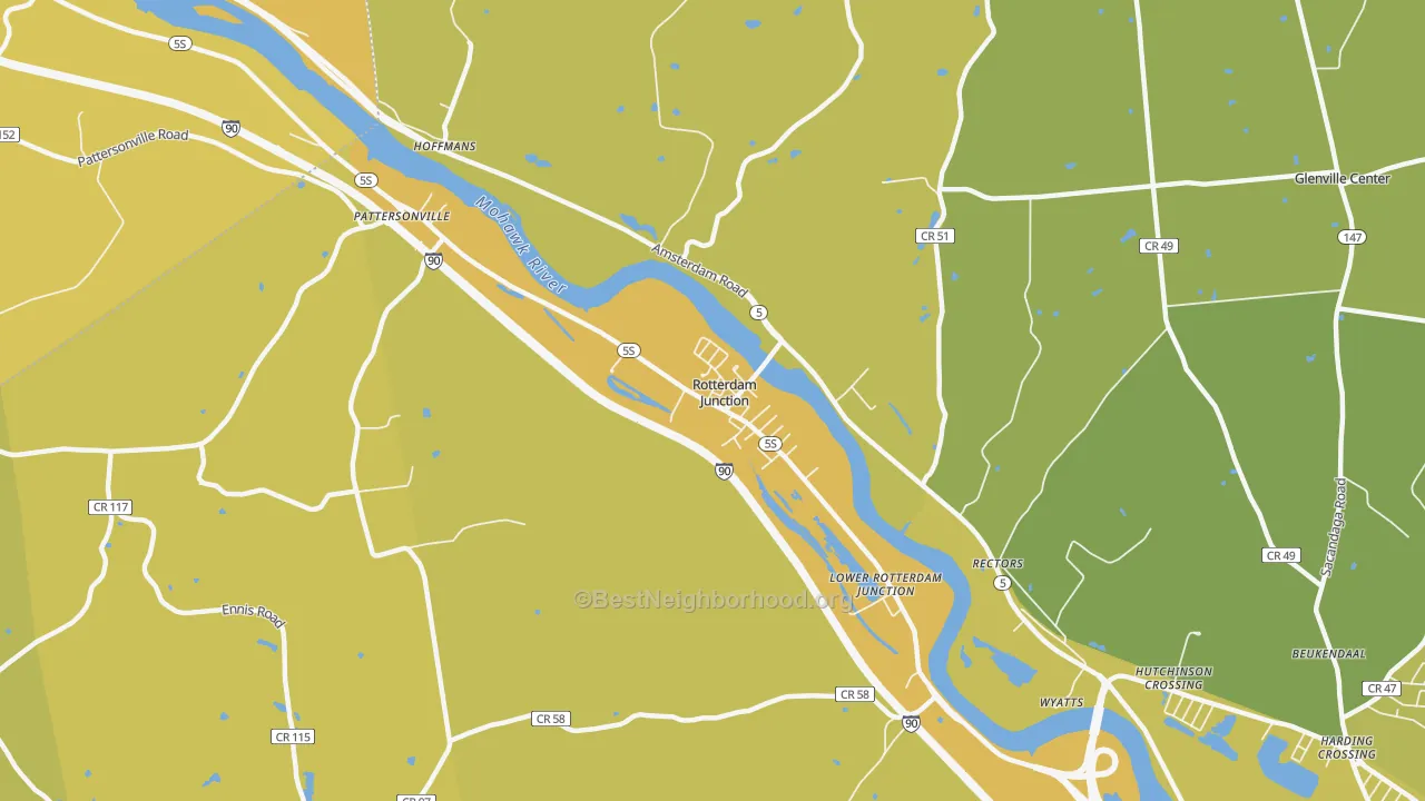Map of the best neighborhoods in the 12150 area, with better matches in green and worse matches in red
