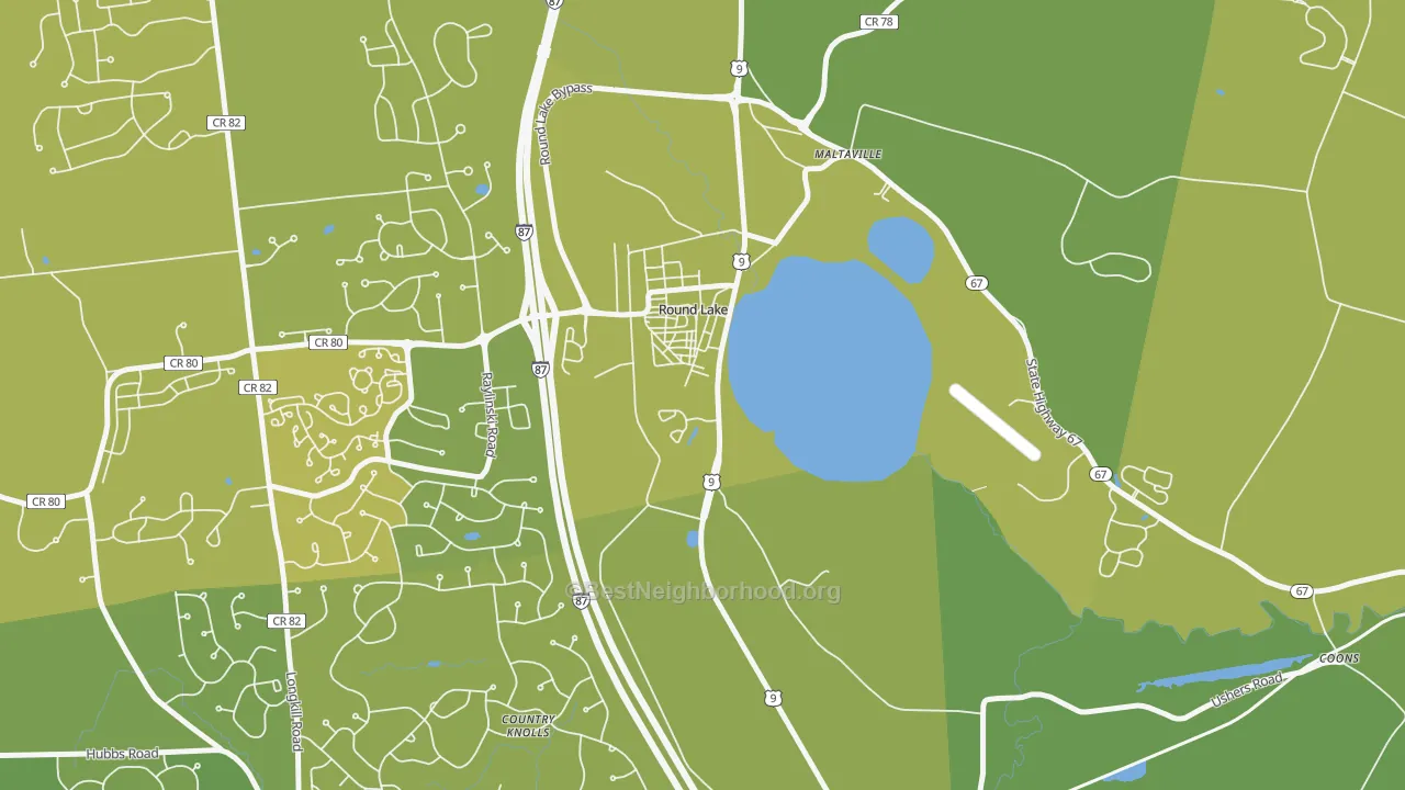Map of the best neighborhoods in the 12151 area, with better matches in green and worse matches in red
