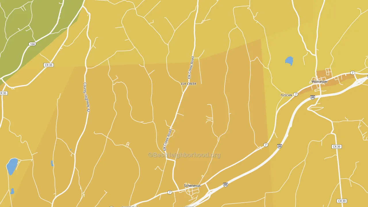 Map of the best neighborhoods in the 12155 area, with better matches in green and worse matches in red
