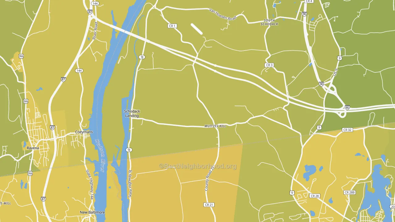 Map of the best neighborhoods in the 12156 area, with better matches in green and worse matches in red