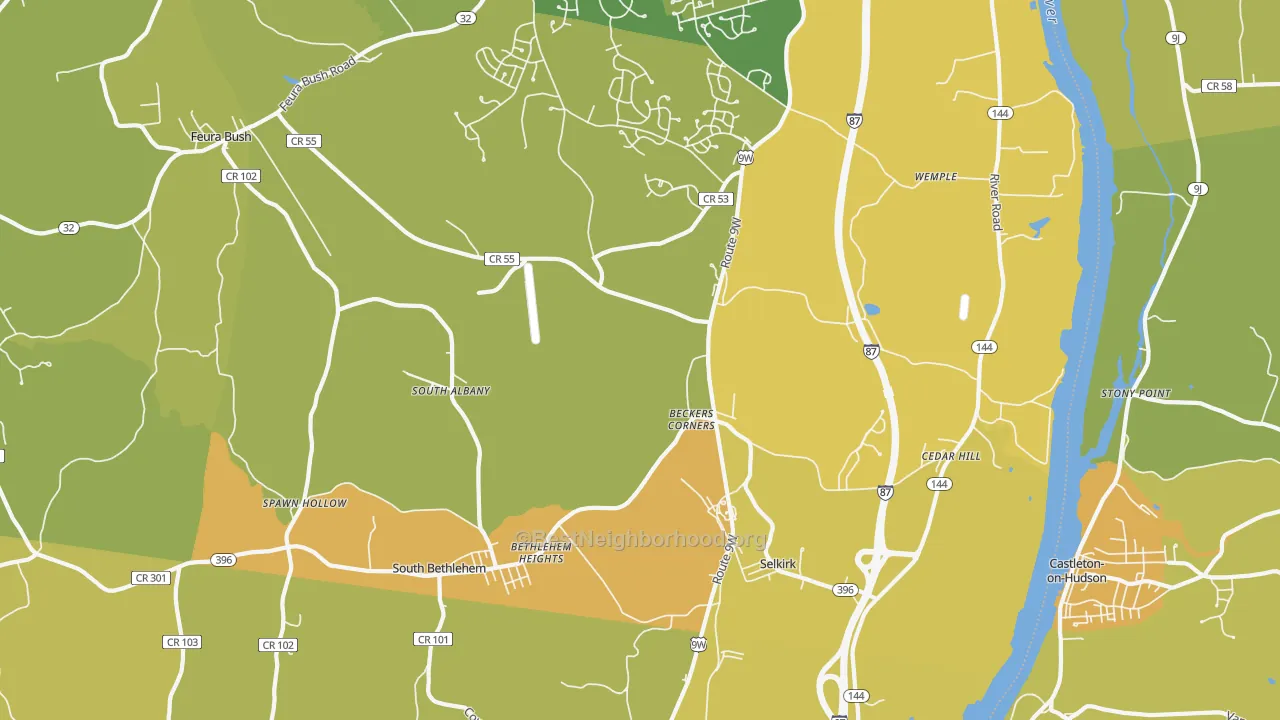 Map of the best neighborhoods in the 12158 area, with better matches in green and worse matches in red