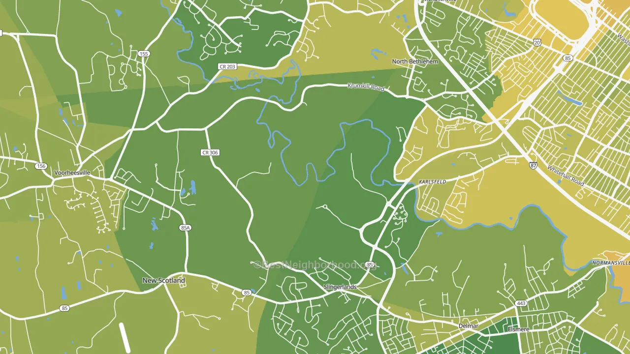 Map of the best neighborhoods in the 12159 area, with better matches in green and worse matches in red
