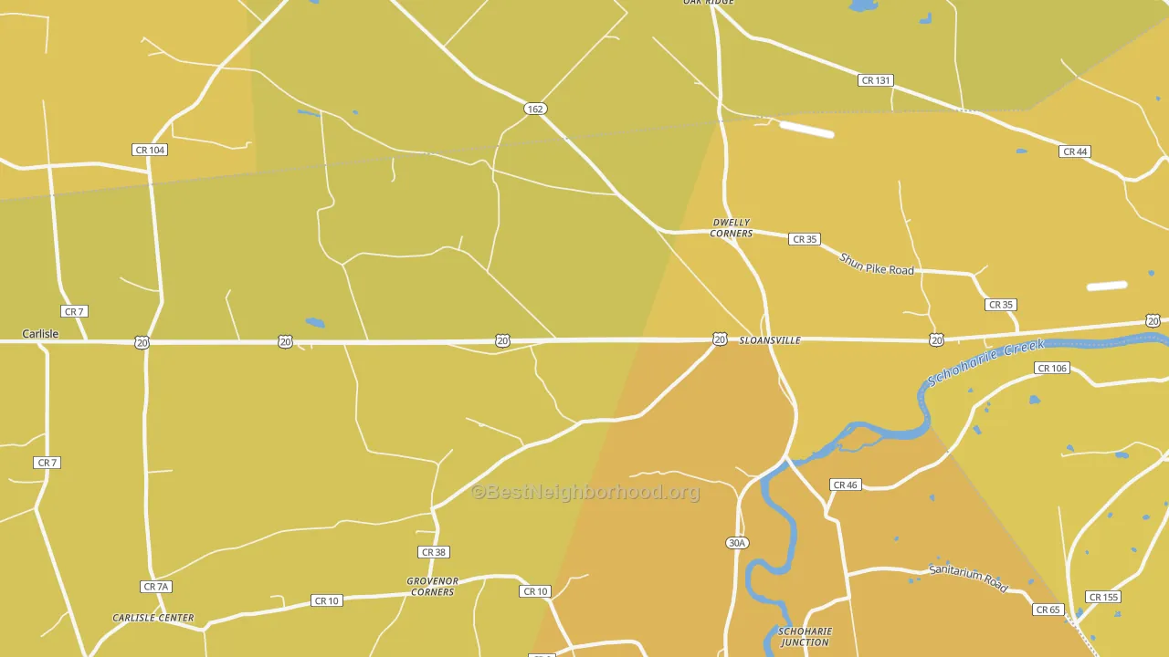 Map of the best neighborhoods in the 12160 area, with better matches in green and worse matches in red