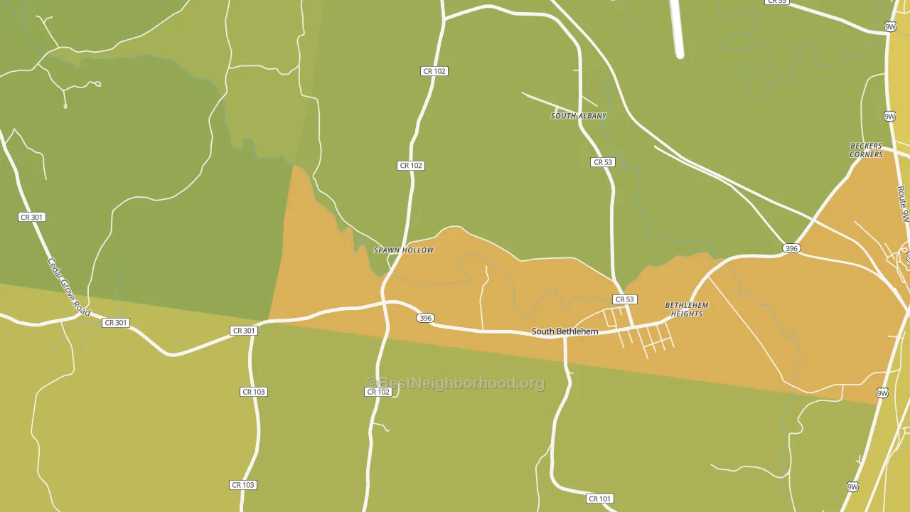 Map of the best neighborhoods in the 12161 area, with better matches in green and worse matches in red