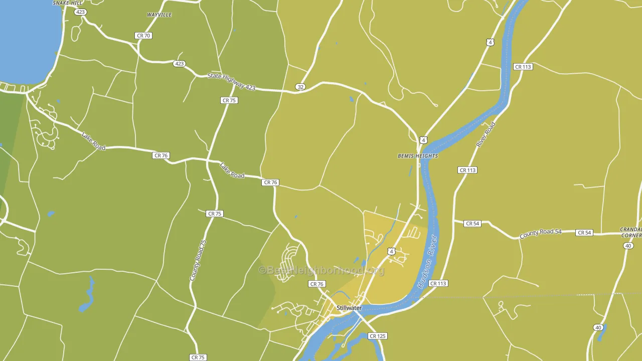 Map of the best neighborhoods in the 12170 area, with better matches in green and worse matches in red