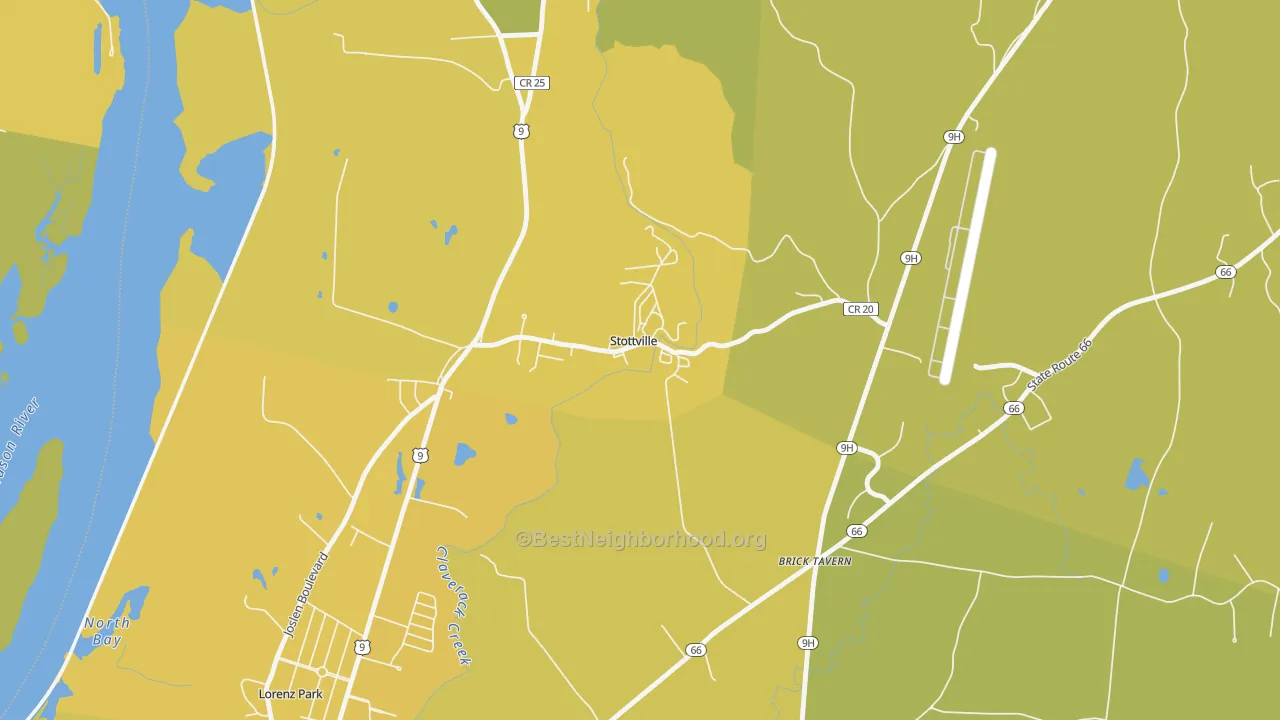 Map of the best neighborhoods in the 12172 area, with better matches in green and worse matches in red