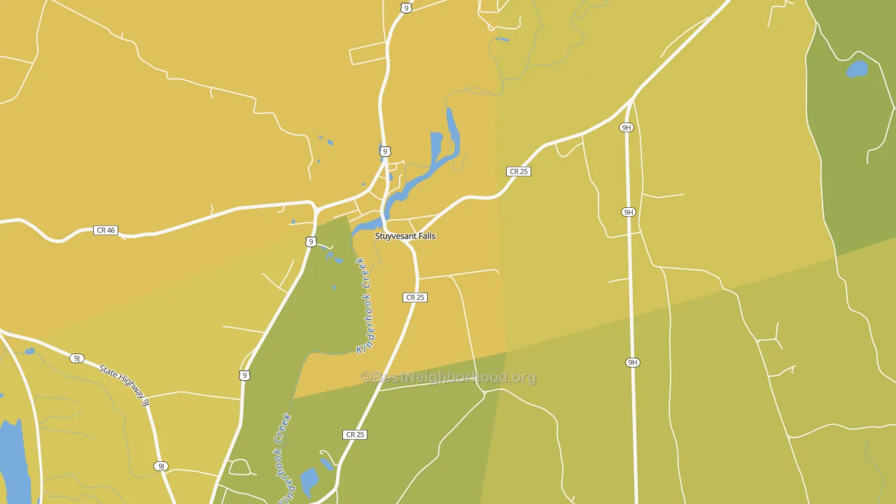 Map of the best neighborhoods in the 12174 area, with better matches in green and worse matches in red